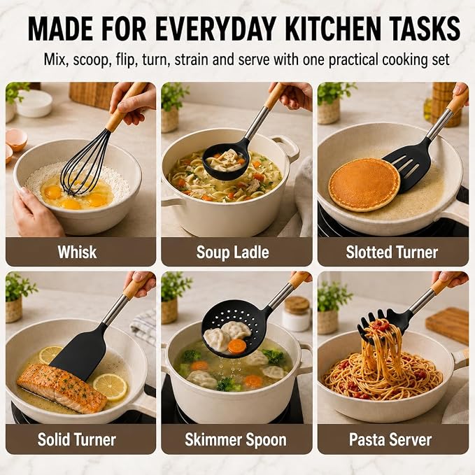 Silicone Kitchen Utensils Set, 9 Pcs Full-Size Non-Toxic Cooking Utensils with Wooden Handles & Stainless Steel Core, Heat Resistant Food Grade Kitchen Gadgets for Nonstick Cookware