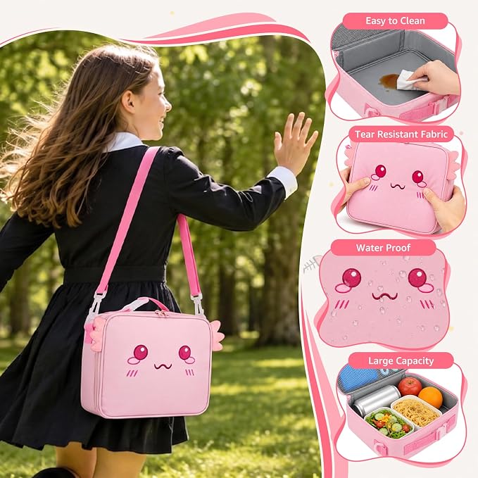 Insulated Axolotl Lunch Bag lonchera for Teen Girl Boy Kid Bento Box Reusable Large Capacity Portable Waterproof Leakproof with Name Tag to School Office Picnic Travel (1PCS Lunch Bag)