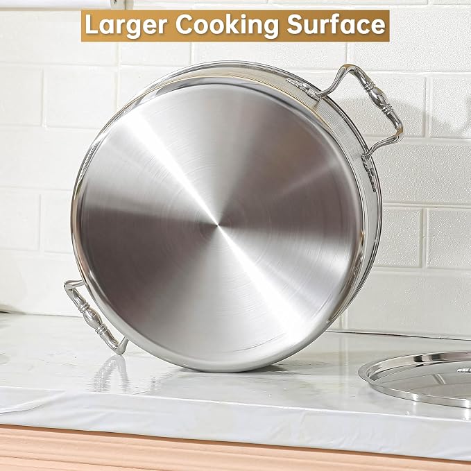 DELARLO Tri-Ply Stainless Steel 8QT Stock Pot,13 inch Everyday Pan with Lid | Kitchen Induction Deep Saute Pan,shabu shabu pot High Side Cooking Hot Pot Oven Safe Up to 600℉