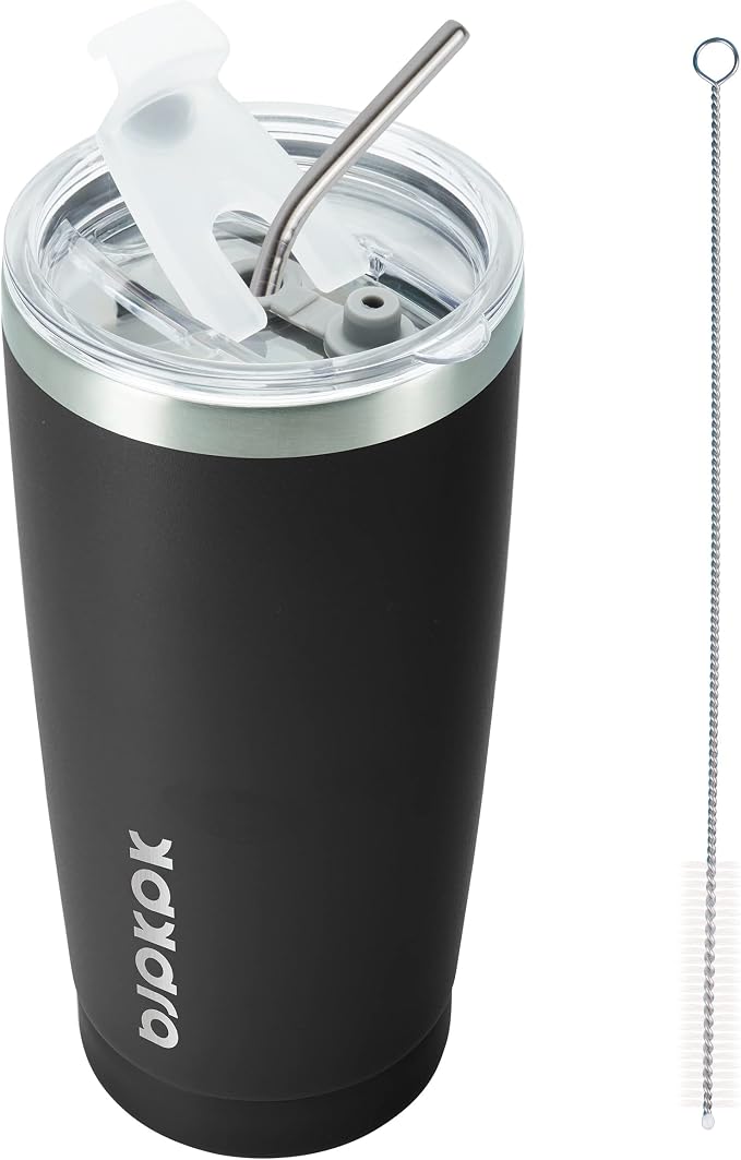 BJPKPK 20 oz Coffee Tumbler with Lid & Straw, Insulated Stainless Steel Mug | Double Wall Vacuum, Keeps Hot/Cold, BPA Free, Leak Proof, Iced Coffee Cup Fit Car Holder, Travel & Beach, Black