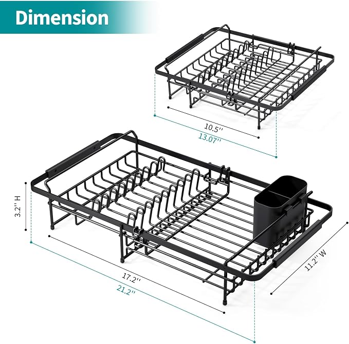 Urackify Expandable Stainless Steel in Sink Dish Drying Rack | Expandable design fits 13"-18" sinks. Rustproof stainless steel construction. In-sink rack with utensil holder.