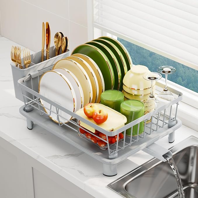 Dish Drainer Rack with Drip Tray, Sink Dish Drainer with Drainage Spout, Stainless Steel Dish Drying Rack with Cups, Utensil & Cutting Board Holders for Kitchen Counter Space-Saving, Grey