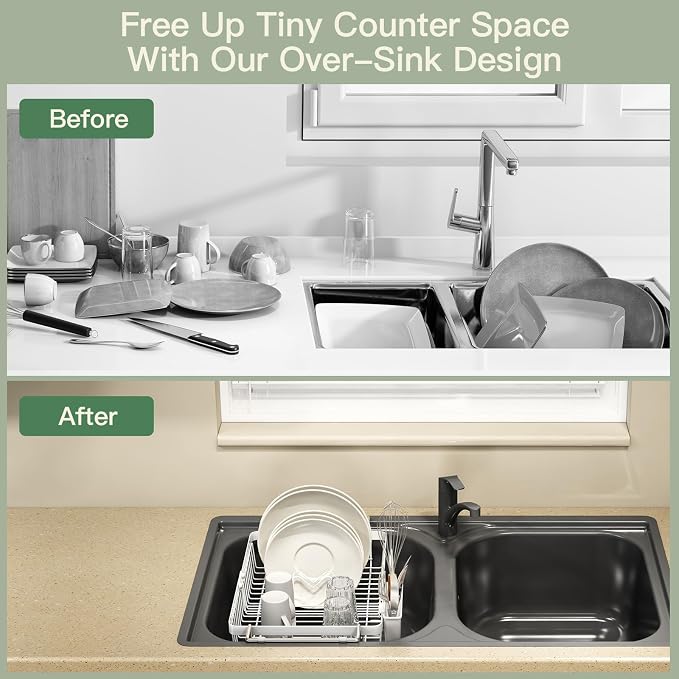 White Dish Drying Rack Over The Sink with Utensil Holder | Expandable Stainless Steel Dish Drainer for Small Kitchen, Apartment, RV, Counter Space Saving, Perfect Fit, Rustproof