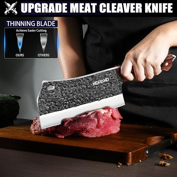 Butcher Knife Set, Hand Forged Meat Cleaver Knife Gift for Men | High Carbon Steel 8PCS Kitchen Knife Set with Sharpener, Ergonomic Handle, Chef Knives Sets for Kitchen Outdoor Cooking BBQ