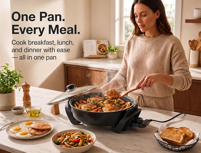 Moss & Stone Round Electric Skillet with Lid, 12-Inch Nonstick Frying Pan | 5 Qt Electric Frying Pan with Adjustable Temperature Control, Vented Glass Lid, Heat-Resistant Handles & Dishwasher Safe