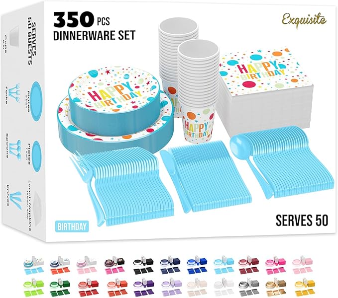 Exquisite 350 Pcs Blue Happy Birthday Plates and Napkins Set, Blue Birthday Plates Set, 50 Of Each 9" Dinner Plate, 7" Dessert Plate, 12 oz Cups, Napkins & Cutlery Plastic Dinnerware Set