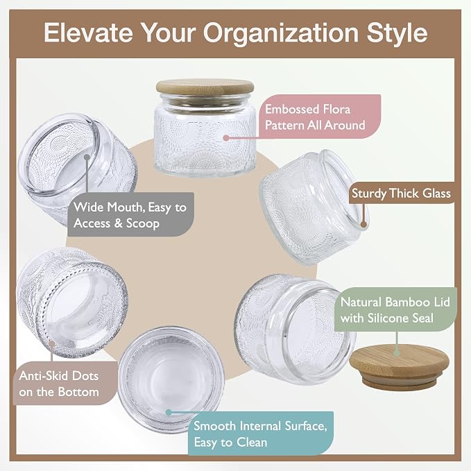 4 oz Decorative Small Glass Jars with Airtight Bamboo Lids, Clear 12 Pack | Vintage embossed containers, kitchen pantry bathroom organization & decor, spices, herbs, candle making, DIY gifts favors