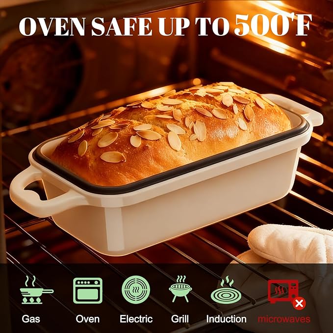 Enameled Cast Iron Sourdough Bread Dutch Oven, Cast Iron Loaf Bread Pan for Homemade Bread Baking, 2PCS 8.5 x 4.5 Inch Meatloaf Pan with Lid, Oven Safe, Cream