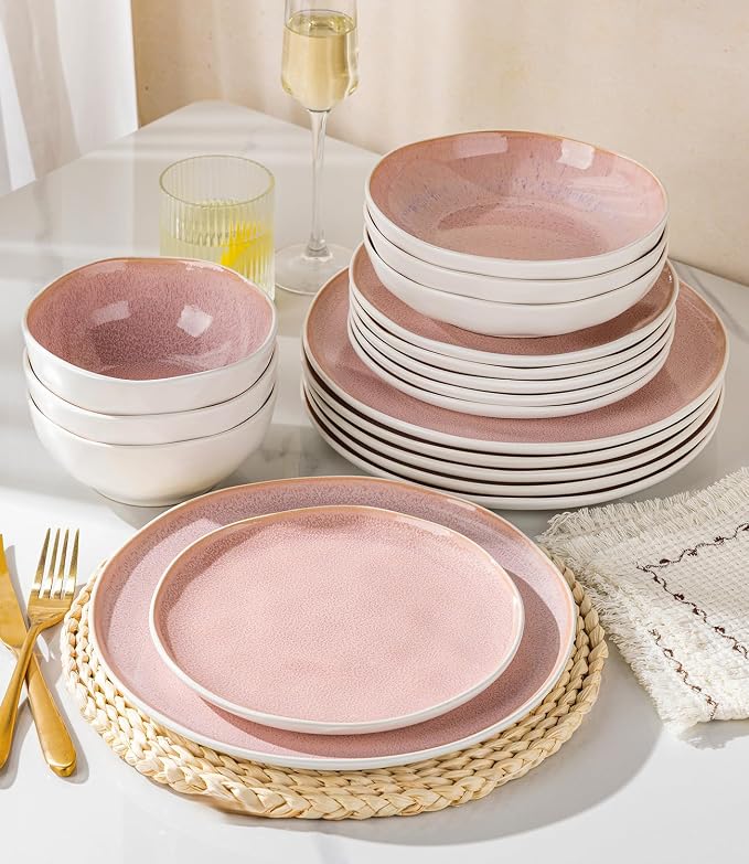GBHOME Stoneware Dinnerware Sets for 8,24 Piece Rustic Plates and Bowls Set | Earthenware Handmade Reactive Glaze Plate Sets, Chip Resistant Ceramic Dishes, Microwave & Dishwasher Safe, Pink