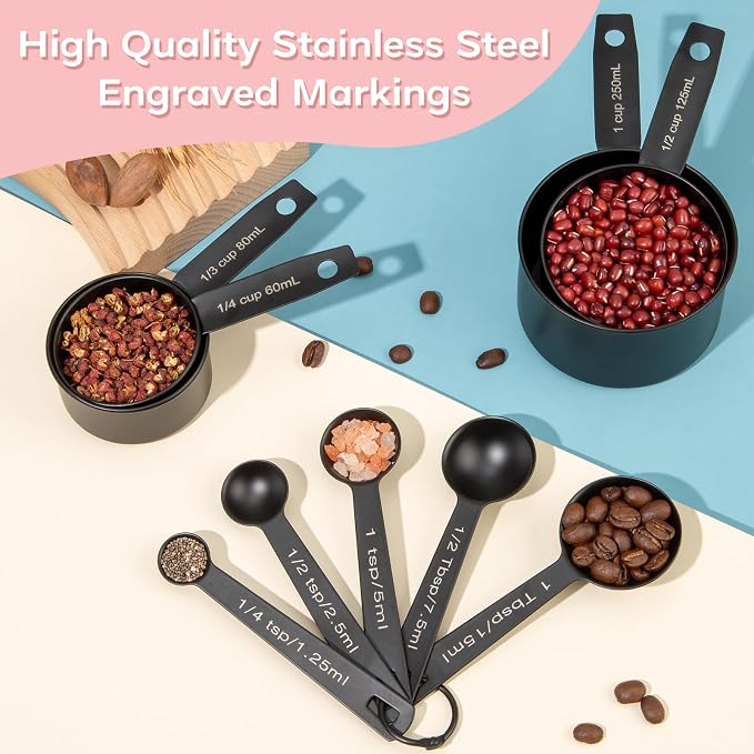 Measuring Cups and Spoons Set of 9, Stainless Steel Measuring cup for Cooking and Baking, Measuring spoons for Dry and Liquid Ingredients (Black)