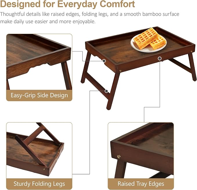 Bamboo Breakfast Trays with Folding Legs, Medium, 2-Pack, Vintage | Set of 2 bamboo bed trays with folding legs and wave handles for meals, laptops and serving in bed or on sofa.