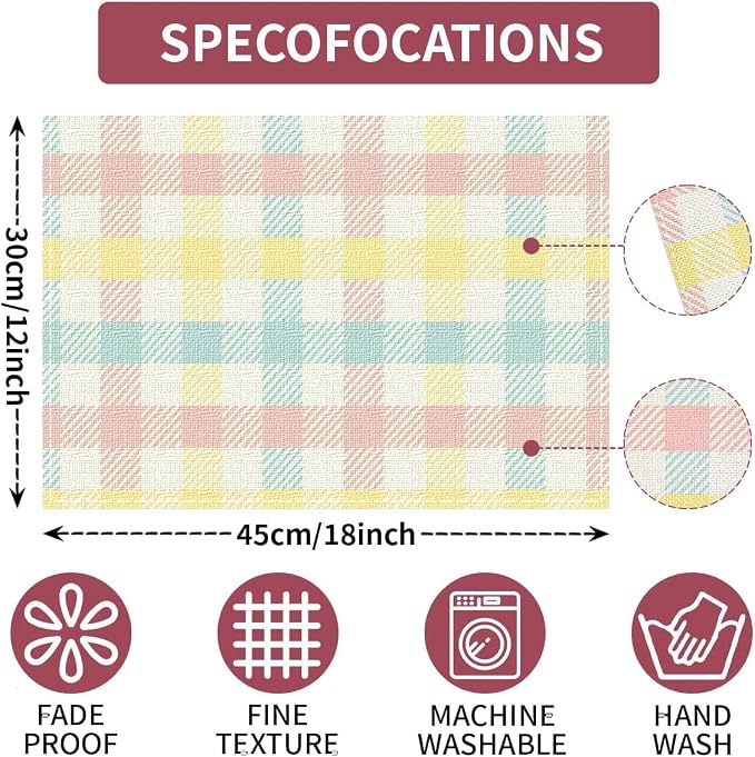 Buffalo Plaid Blue Pink Yellow Spring Easter Placemats Set of 6, 12x18 Inch Table Mats Easter Decor for Holiday Party Kitchen Dining Room Decoration