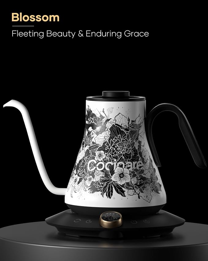 Cocinare Gooseneck Electric Kettle, ±1℉ Precise Temperature Control, 0.9L | 1500W Quick Heating, Stainless Steel Inner, Pour Over Coffee & Tea, Keep Warm, Auto Shut-Off, LED Display Artisan Blossom