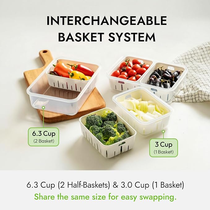 6.3 Cup Produce Saver Container for Fridge with Colander - 1.5L | Airtight Fruit & Vegetable Storage Bin, Removable Strainer Basket, BPA-Free, Stackable, White Colander