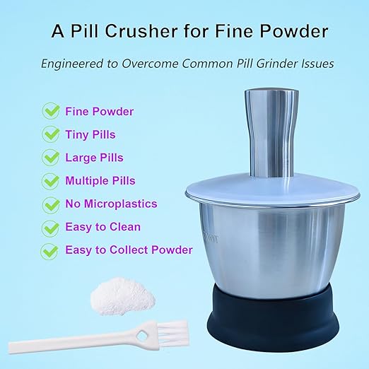 Pill Crusher Fine Powder, Mortar and Pestle Set for Large, Small and Multiple Pills, Solves Common Pill Grinder Issues - Solid 304 Stainless Steel, 10 oz
