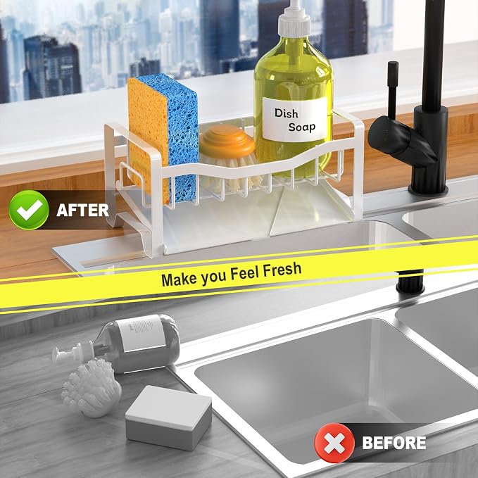 Stainless Steel Kitchen Sink Caddy Organizer with Auto Drain Tray, Sponge Holder for Countertop Storage (White)