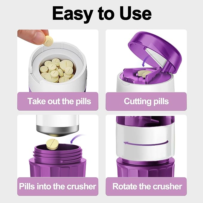 DUBSTAR 3-in-1 Pill Crusher Fine Powder Pill Grinder Pill Cutter Purple | Pill Crushers for Elderly and Pet with Pill Storage and Brush, Pill Splitter for Small or Large Pills