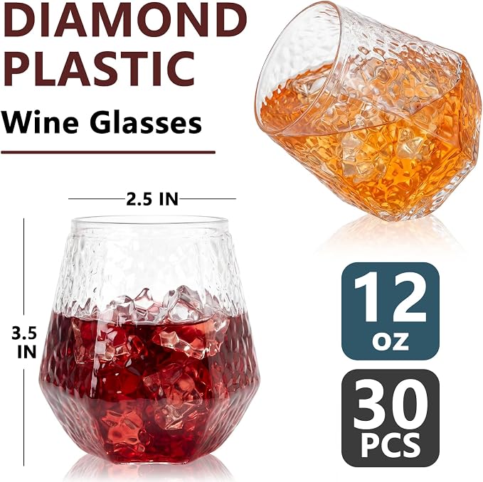 Ciaell 30 Pack Plastic Wine Glasses for Weddings Outdoor Gatherings | 14 oz Diamond Hammered Rim Stemless Wine Cups, Heavy Duty Plastic, Wine Whiskey Champagne Cocktails for Parties Bars