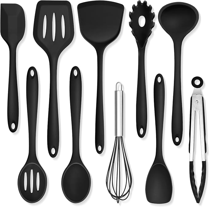 TeamFar Silicone Cooking Utensils, 10 pcs Kitchen Cooking Utensils Set | Heat Resistant Kitchen Gadgets Tools Set w/Spatula, Turners, Spoons, Soup Ladle, Pasta Server for Nonstick Cookware, Black