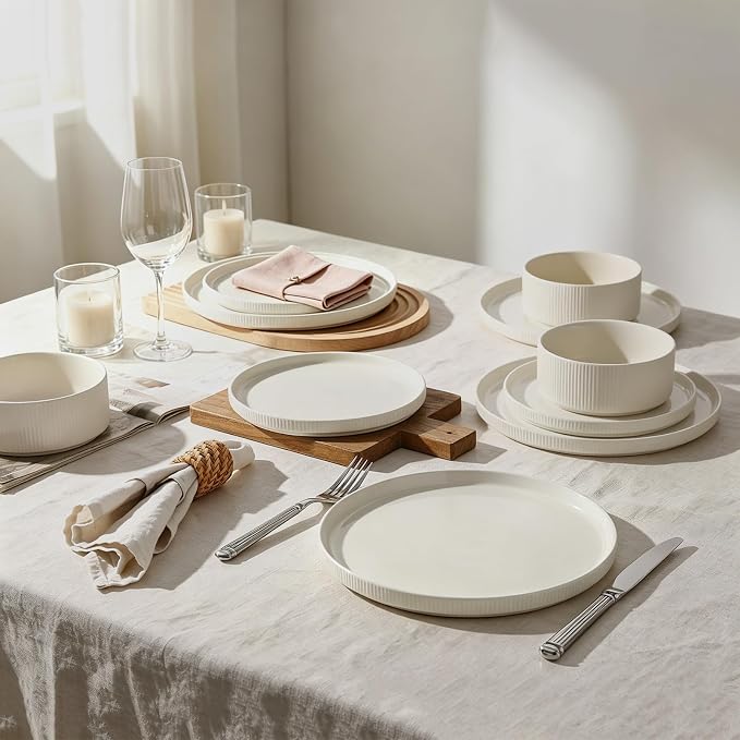Stoneware Dinnerware Sets for 4, 12Pcs Plates and Bowls Set, Cream White | Handmade Reactive Glaze Ceramic Dishes, Microwave and Dishwasher Safe, Modern Minimalist Ribbed Tableware for Everyday Use