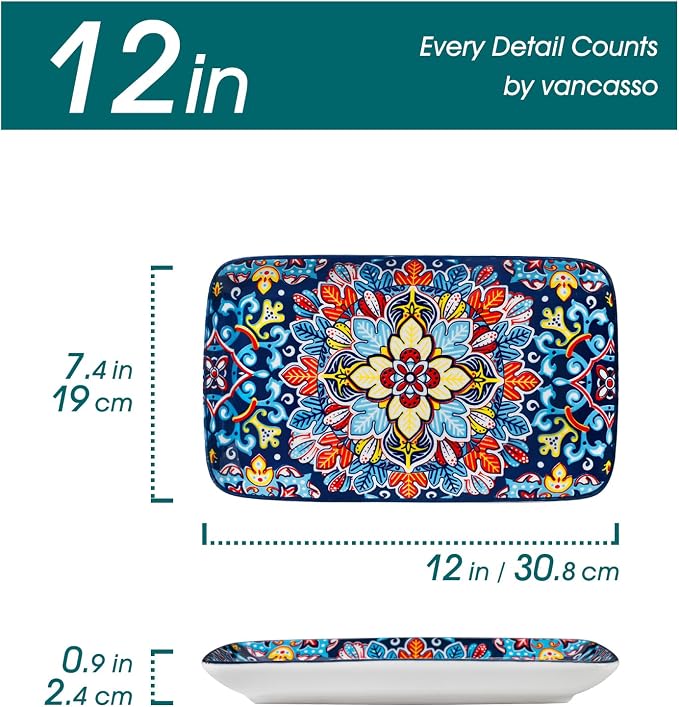 vancasso Serving Platters Set of 4, 12" x 7.4" Inch Rectangular Trays Large | Ceramic Serving Dish for Entertaining Food, Microwave & Dishwasher Safe