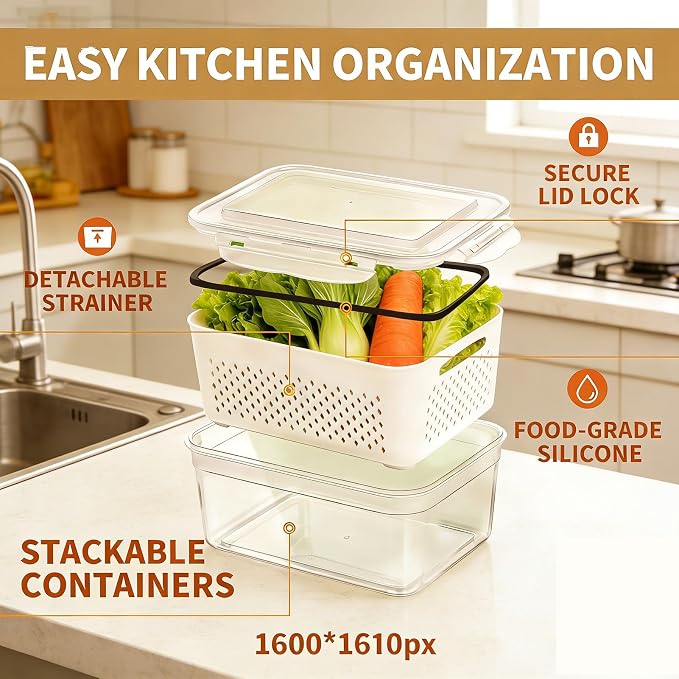 Fruit storage containers for fridge, with detachable drainer basket and airtight seal, stackable produce organizer, prolongs freshness of berries, greens, meats