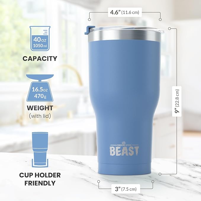 Beast 40 oz tumbler - Vacuum Insulated Tumbler with Straw - Leak Proof Stainless Steel Travel Mug - Double Wall Iced Coffee Cup - Reusable Water Bottle - Gifts for Mom, Women and Men (Stormy Sky Blue)