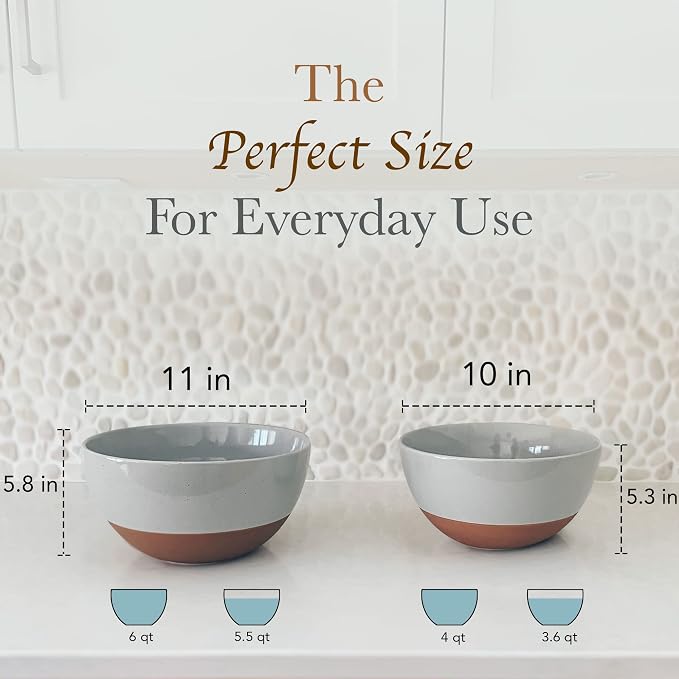 Mora Ceramic Large Mixing Bowls - Set of 2 Nesting Bowls for Cooking, Serving, Popcorn, Salad etc - Microwavable Kitchen Stoneware, Oven, Microwave and Dishwasher Safe - Extra Big 5.5 & 3.6 Qt - Grey