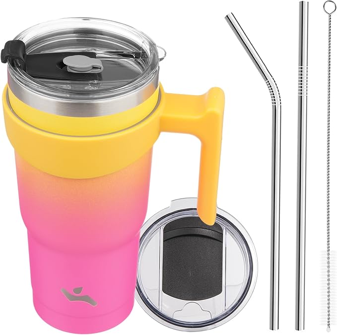 Konokyo 20 oz Tumbler with Handle and Straw, Insulated Travel Mug | Rainbow; BPA-free, leak-proof tumbler with 2 lids, 2 straws, cup holder fit for coffee, office, travel & daily use