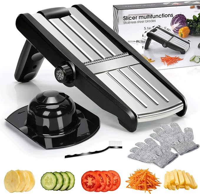 MASTERTOP Mandoline Slicer, 5 in 1 Mandoline Food Slicer, Dishwasher Safe | Stainless Steel Mandoline Slicer, Adjustable Vegetable Slicer for Fruit, Cheese, Send Cut Proof Gloves & Cleaning Brush