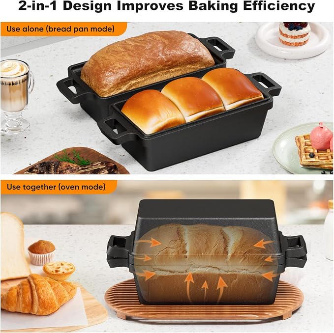 9×5 Inch Cast Iron Loaf Pan with Lid, 2 Pack Bread Pans for Baking | Premium cast iron loaf pan & bread pan set evenly distributes heat for crisp bread crusts. Multi-cooker compatible
