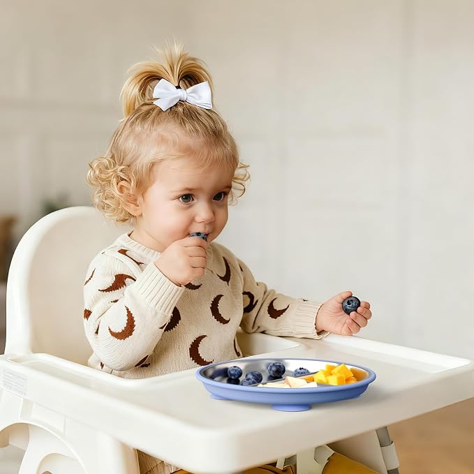 Bakpoco Stainless Steel Suction Plates for Toddlers, 8" Divided Kids Baby Plates with Removable Silicone Suction, Non Toxic Non Slip Portion Control Snack Dishes 3 Packs, Blue Gray Navy