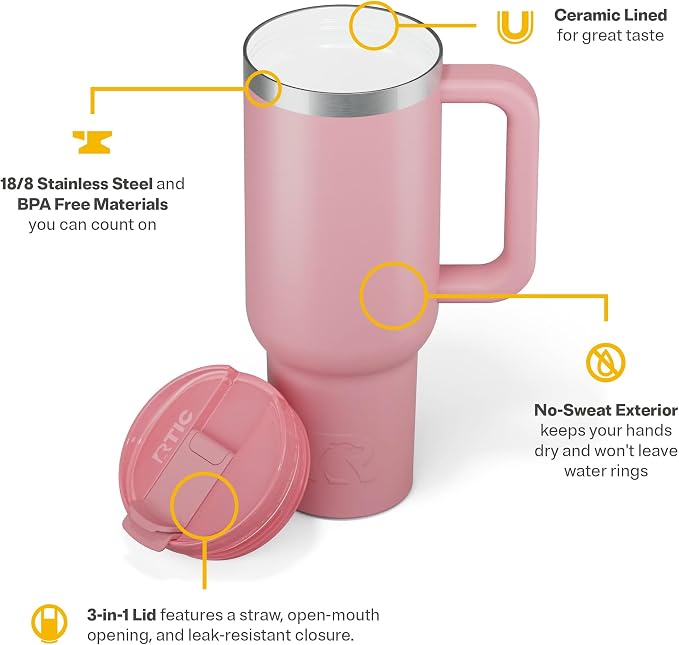 RTIC 40oz Road Trip Tumbler, Insulated, Ceramic Lined, Dusty Rose | with Lid, Handle and Straw, Stainless Steel Metal Cup, Portable for Hot and Cold Drinks, Coffee, Car, Camping, Travel
