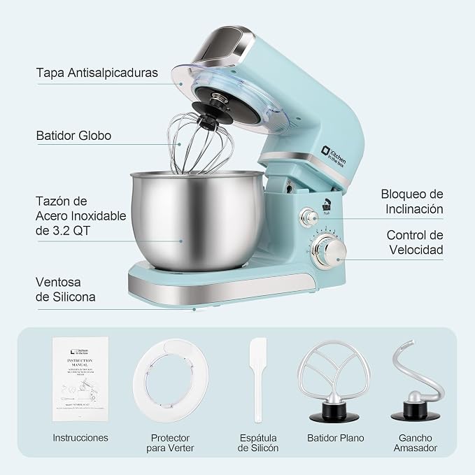 Kitchen in the box Stand Mixer,3.2Qt Small Electric Food Mixer,6 Speeds Portable Lightweight Kitchen Mixer for Daily Use with Egg Whisk,Dough Hook,Flat Beater