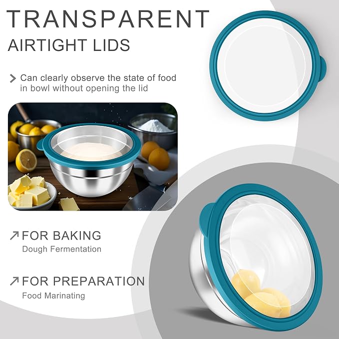 HaWare Mixing Bowls with Airtight Clear Lids, 6-Piece Stainless Steel Strong Nesting Bowls Set, Metal Salad Bowl for Cooking, Prepping, Baking, Serving & Food Storage, Size 4.6, 3, 1.5QT, Teal Blue