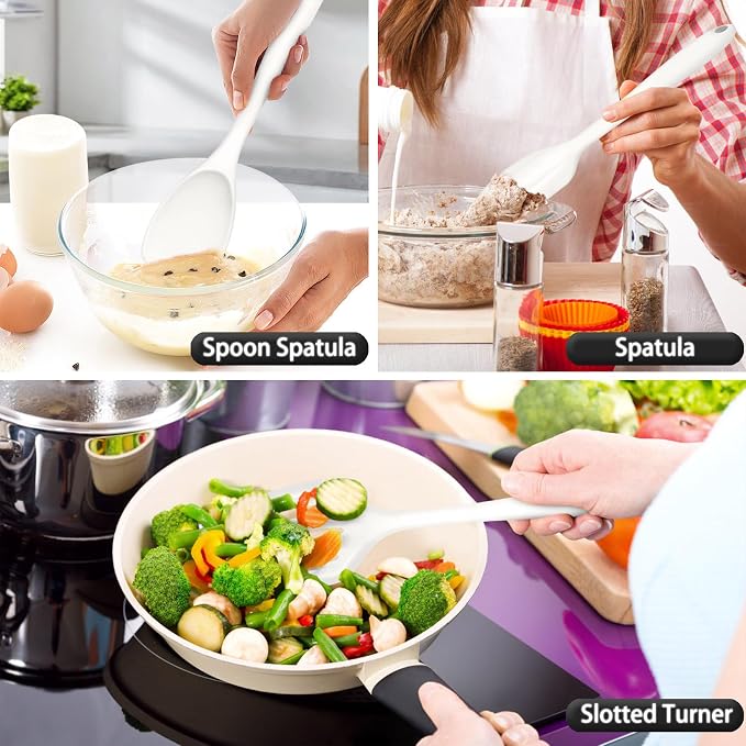 P&P CHEF White Kitchen Utensils, Silicone Cooking Utensil Set of 7 | Soft Spatula for Nonstick Cookware, Slotted Turner, Soup Ladle, Pasta Server, Spoon for Cooking, Dishwasher Safe & Heat Proof