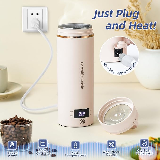 Touxila Portable Electric Kettle for Travel 120V, 13.5oz, 4 Temp Settings | 304 Stainless Steel Lining,Fast Boiling Water,Auto Shut-Off,Boil Dry Protection,Small Kettle for Office & Hotel(Beige, 400ML)