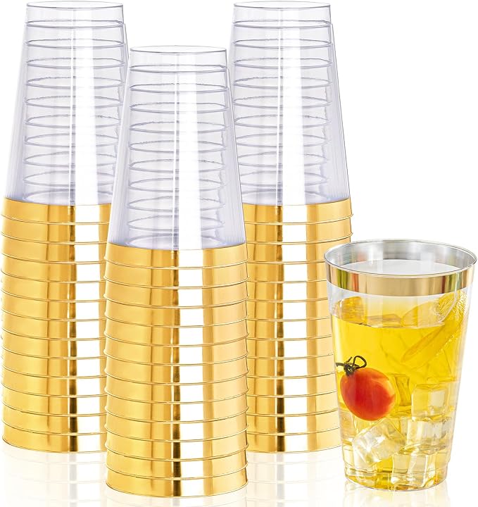 I00000 50 Pack 18 oz Gold Plastic Cups, Elegant Gold Rimmed Plastic Cups, Disposable Cocktail Glasses Wine Glasses, 18 oz Premium Tumblers Perfect for Birthday, Party & Wedding