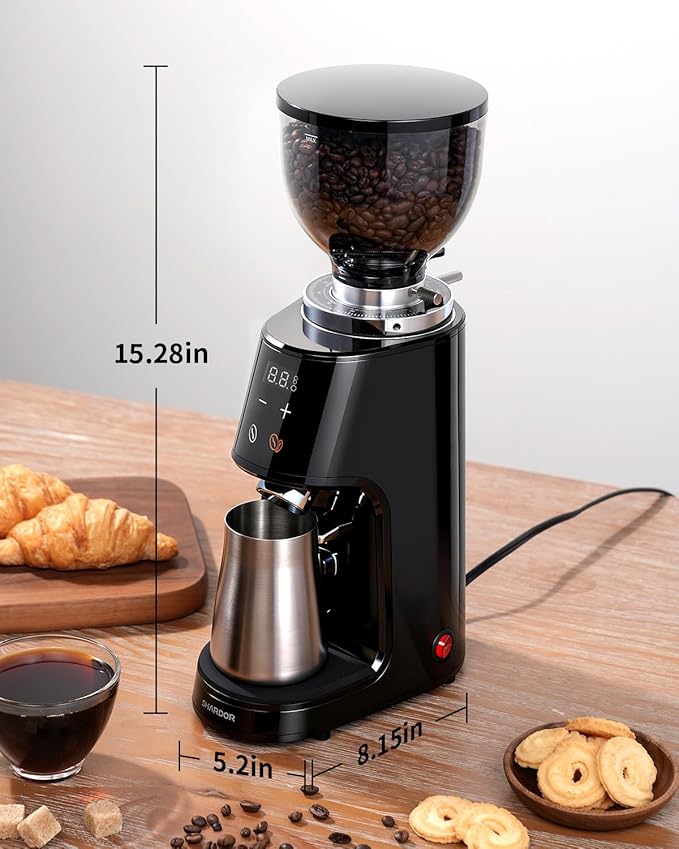 SHARDOR 64mm Flat Burr Coffee Grinder, 100 Settings, Anti-Static, Black | Electric Bean Grinding, All-Metal Chamber, Portafilter Holder,Precision Timer, LED Display, 260W, Silicone Bellows, 120V Only