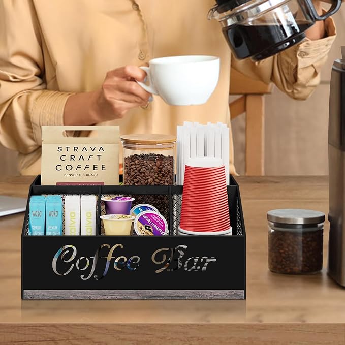 Coffee Bar Organizer for Countertop, Wood Coffee Station Organizer | Coffee Cup and Supplies Holders with Metal Mesh Baskest, Stirrer Sugar Creamer Caddy, Coffee Bar Accessories and Organizer
