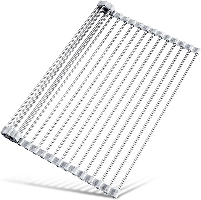 Tomorotec Roll Up Dish Drying Rack Over Sink, 304 Steel, 17.7x15.5, Marble | Anti-Slip Silicone Rims For Grip, Heat-Resistant Trivet Mat Holding Heavy Cookware, Rustproof Kitchen Counter Space Saver