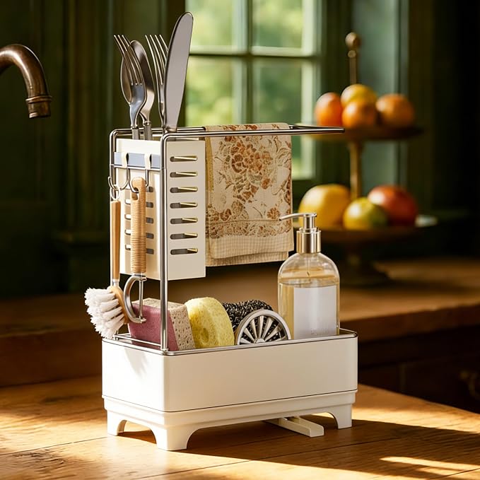 MOUKABAL 2-Tier Sponge Holder for Kitchen Sink Caddy Organizer,Off-white | Large Capacity/Rustproof Stainless Steel/360° Rotating Drain Keeps Counter Dry/Holds Sponge & Soap Bottle/Easy-Clean Tray
