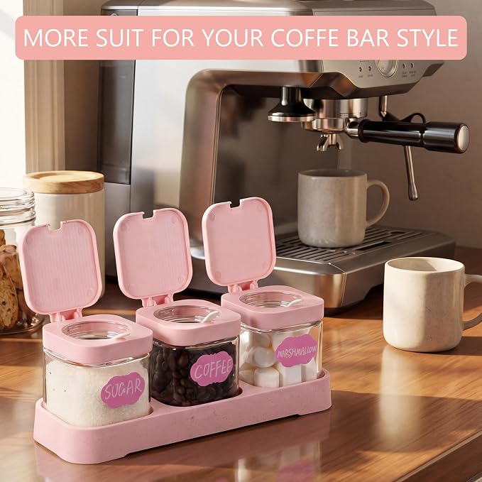 3 Pcs Glass Coffee Containers Coffee Station Organizer Set, Airtight Bean Storage Jars with Shelf,labels,spoon, Base and Pen,for Sugar, Candy, Oats, Nuts (Pink)