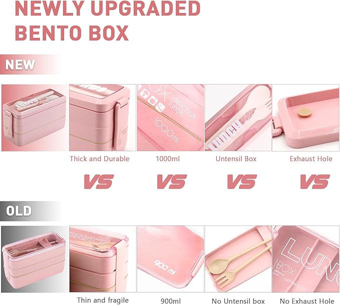 35Pcs Bento Box Japanese Lunch Box Kit Leakproof Lunchbox, Pink | Wheat straw 3 layer stackable lunch container with compartments and lunch bag for kids adults teens meal prep school office