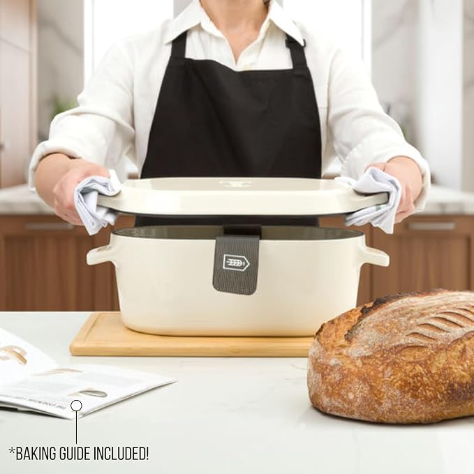KooK Dutch Oven, For Sourdough Baking, Dual Handles, Enameled Cast Iron, includes Silicone Mat and Sourdough Guide, Dishwasher Safe, Oven safe 500F, 5 Qt, (Ivory)