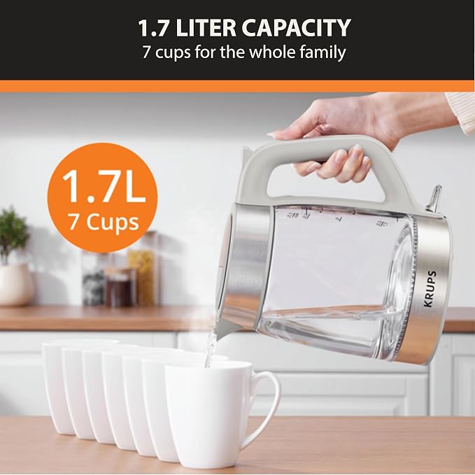 KRUPS Electric Kettle, 1.8-Qt (1.7L) Tea Kettle, 1500W with LED indicator, Hot Water Boiler, Auto Shut-off, Rapid 80-Second Cup Boiling, Safe Boil-dry Protection, Water Heater, Glass Carafe, Grey