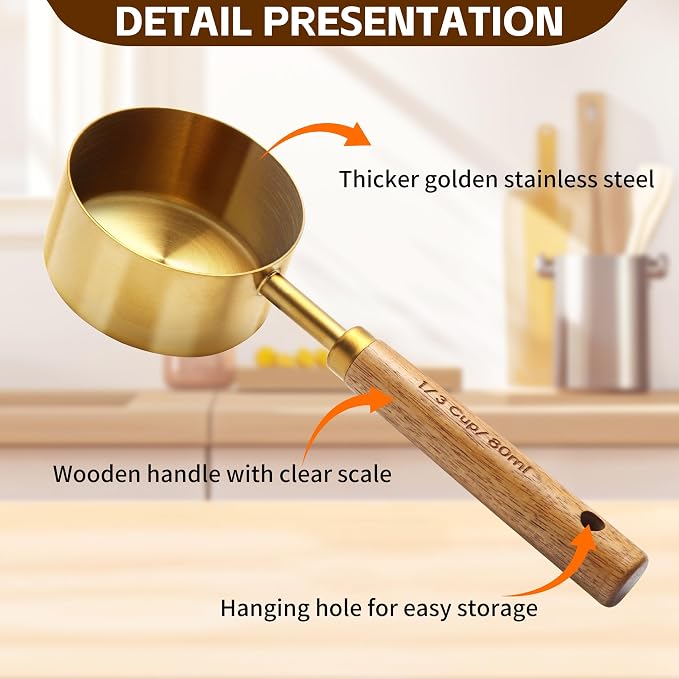 Gold Measuring Cups and Spoons Set,8 Piece Premium Stainless Steel Measuring Cups with Wood Handles,4 Stackable Wooden Measuring Cups and 4 Measuring Spoons Set for Baking Supplies in the Kitchen