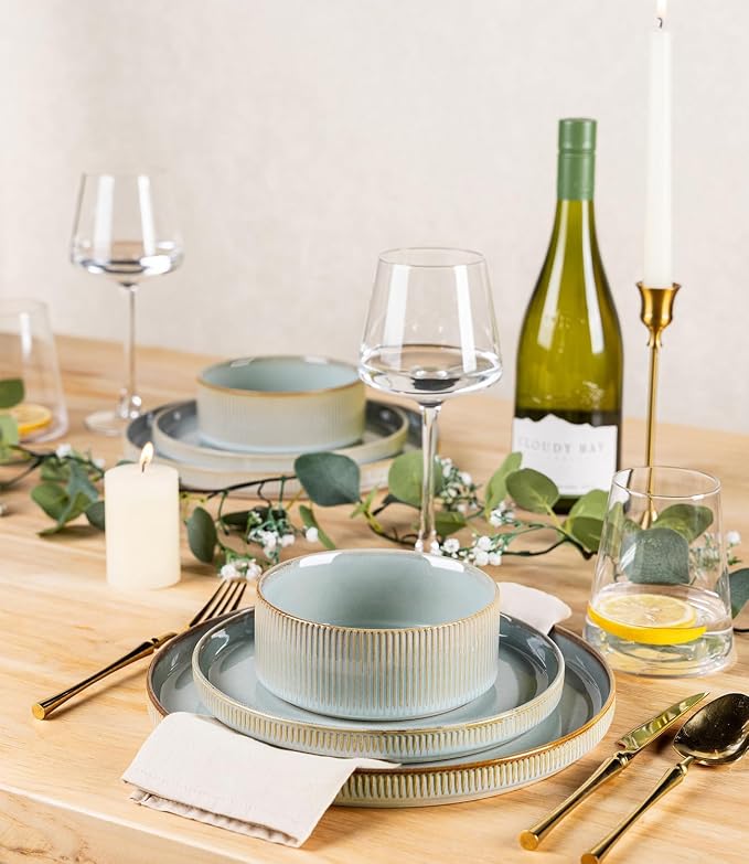 Ceramic Dinnerware Set for 8, 24-Piece Plates and Bowls Set | Lightweight Porcelain Dish Set, Scratch Resistant, Oven & Microwave & Dishwasher Safe, Illusion Blue