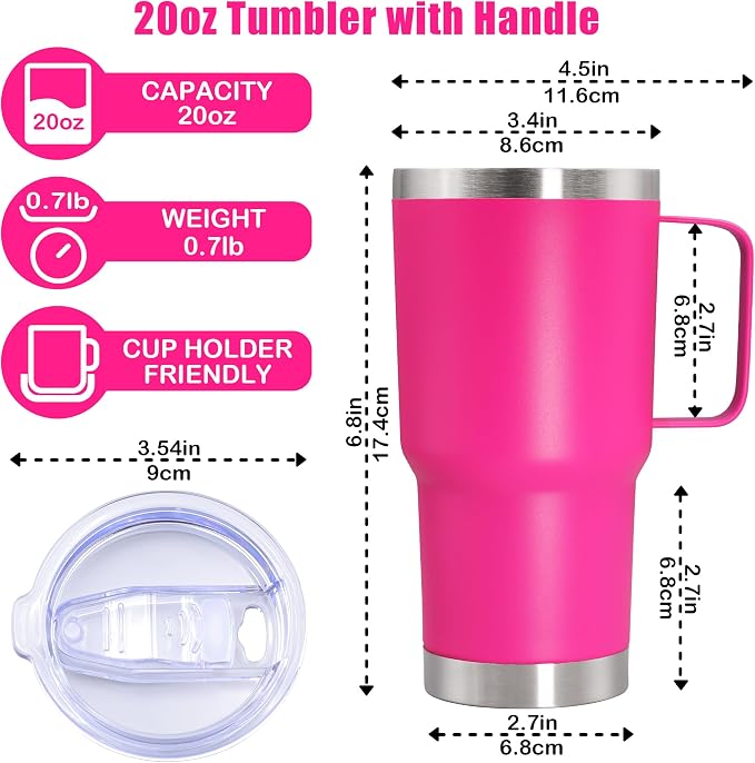 20 oz Tumbler with Handle Coffee Tumblers with Lid Travel Mug Hot Pink 12P | 20oz Tumblers with Handle Double-Wall Insulated Vacuum Coffee Mugs Stainless Steel Tumbler with Handles&Lid Hot Pink 12P