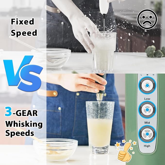 Milk Frother Wand Rechargeable Handheld Electric Whisk 3 Speed Adjustable | Coffee Frother Wand with 3 Stainless Whisks Electric Foam Maker Drink Mixer Blender for Latte Cappuccino Matcha Egg